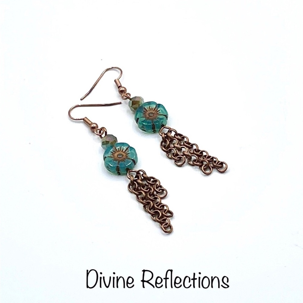 Aqua Hibiscus Flower Earrings,Copper Earwires,Copper Wire Dangles,Boho Earrings
